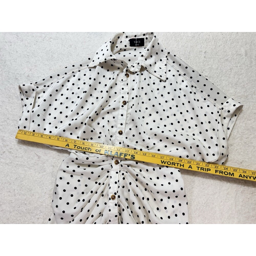 VICI Midi Shirt Dress Black White Polka-dot Print Gathered Front Draping Size S - Picture 6 of 8